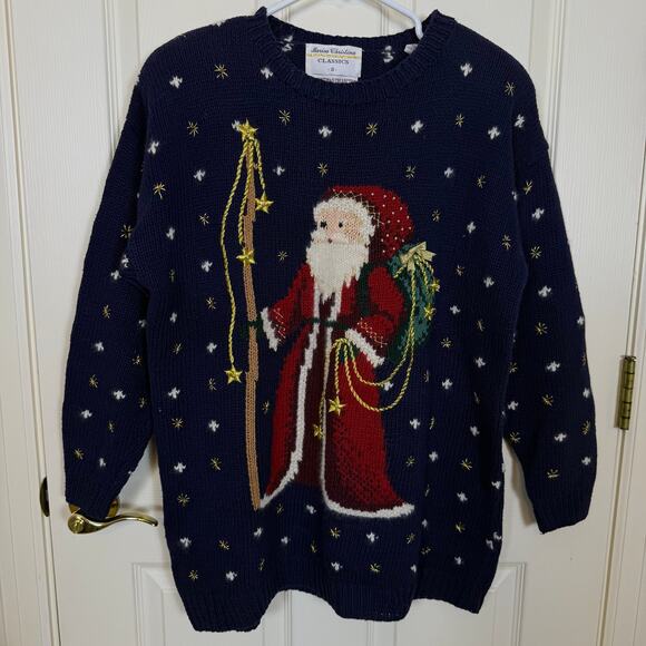Marisa Christina Vintage Holiday Sweater Santa Claus Navy Red Christmas Knit - Picture 7 of 7